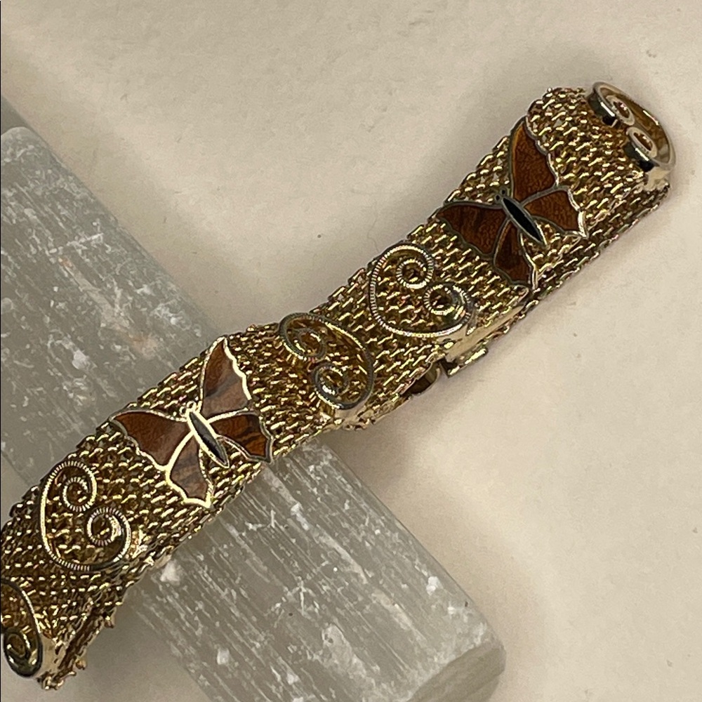 Vintage Paradise Butterfly Mesh 1960's Enamel Butterfly Scroll Hearts Bracelet - Picture 3 of 8